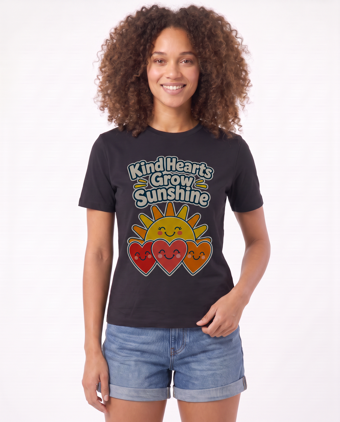 Kind Hearts Grow Sunshine Black T-Shirt mockup 3