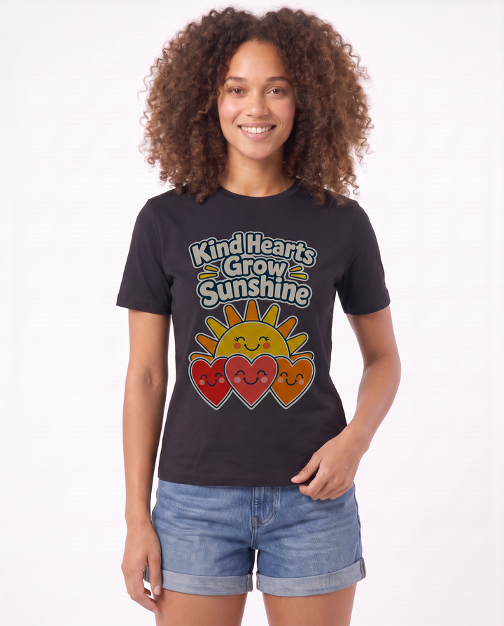 Kind Hearts Grow Sunshine Black T-Shirt mockup 3