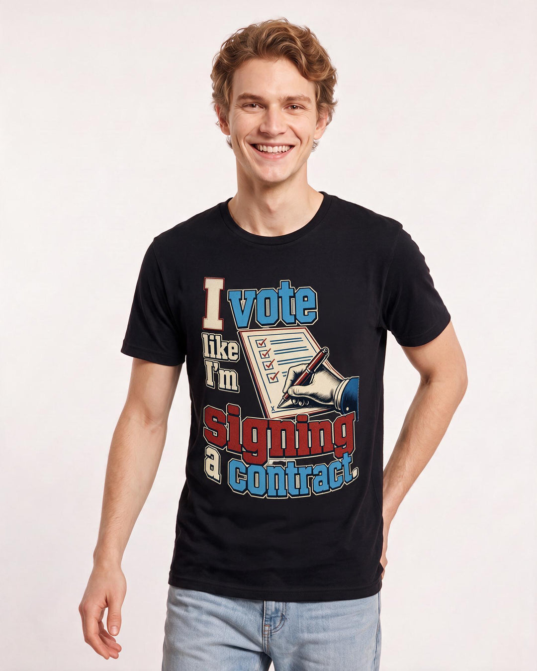 Political Statement Men's Black T-Shirt – I vote like I'm signing a contract. product image 3