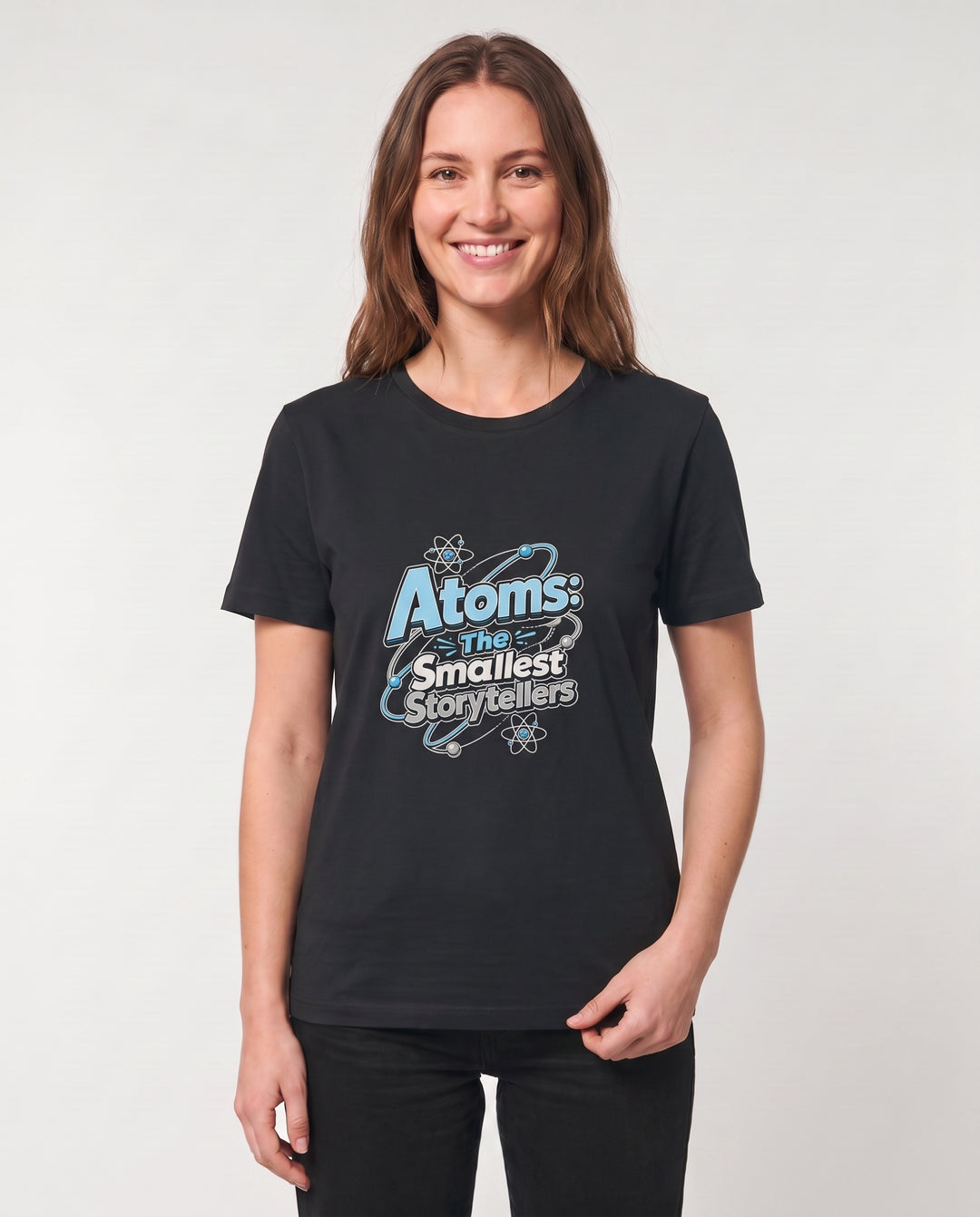 Atoms: The Smallest Storytellers Black T-Shirt mockup 3