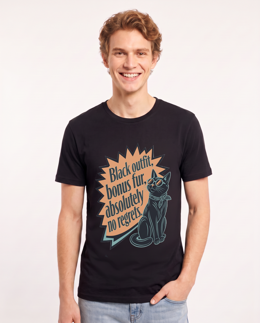 Black outfit, bonus fur, absolutely no regrets. - Men's Black T-Shirt product image 2