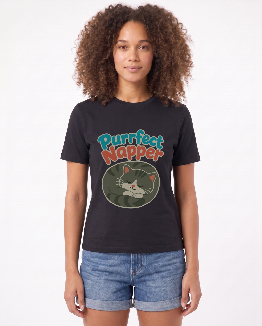 Purrfect Napper Black T-Shirt mockup 1