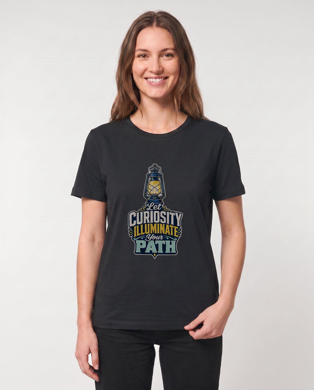 Let Curiosity Illuminate Your Path Black T-Shirt mockup 3