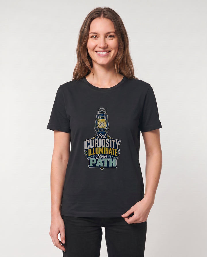 Let Curiosity Illuminate Your Path Black T-Shirt mockup 3