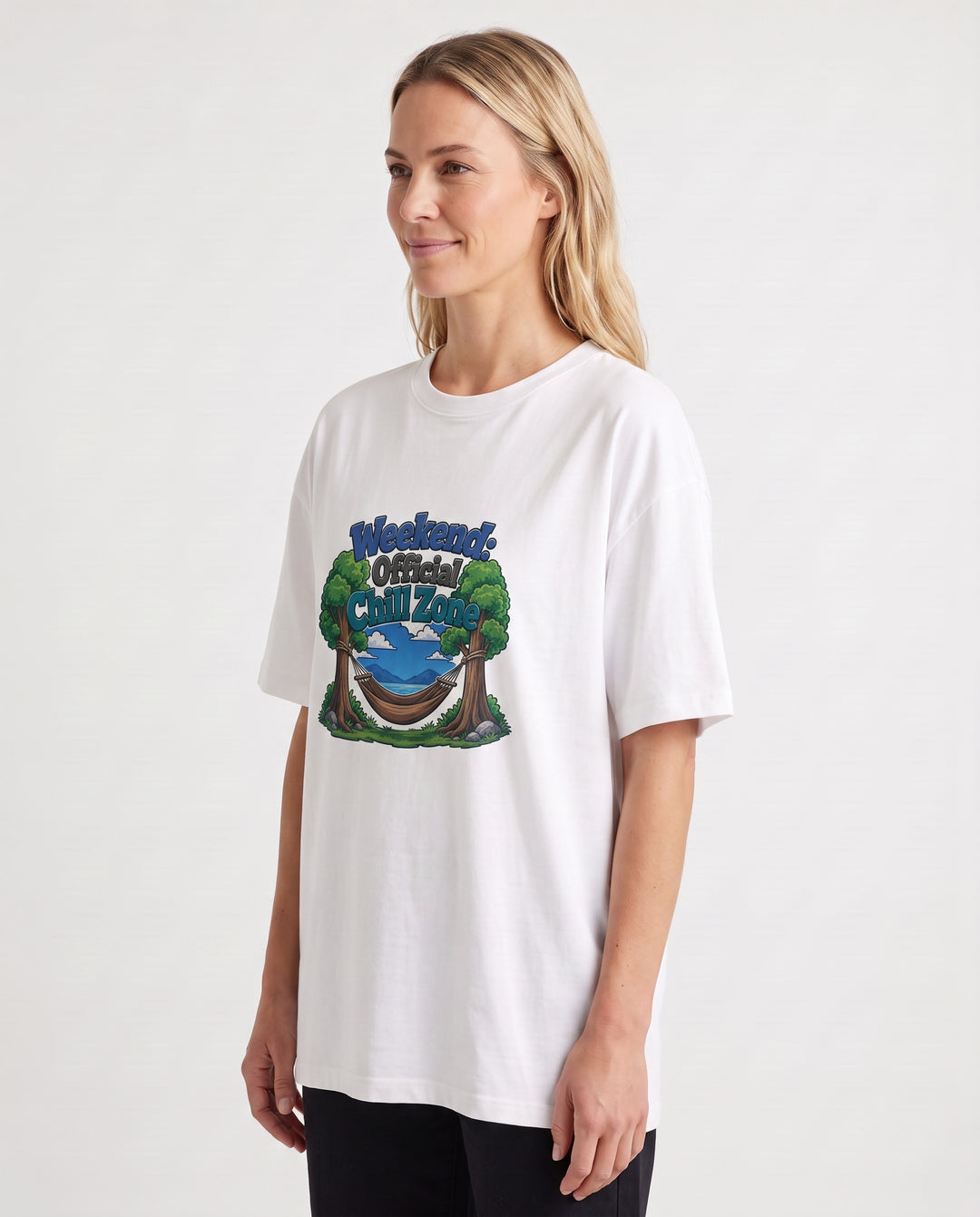 Weekend: Official Chill Zone White T-Shirt mockup 2