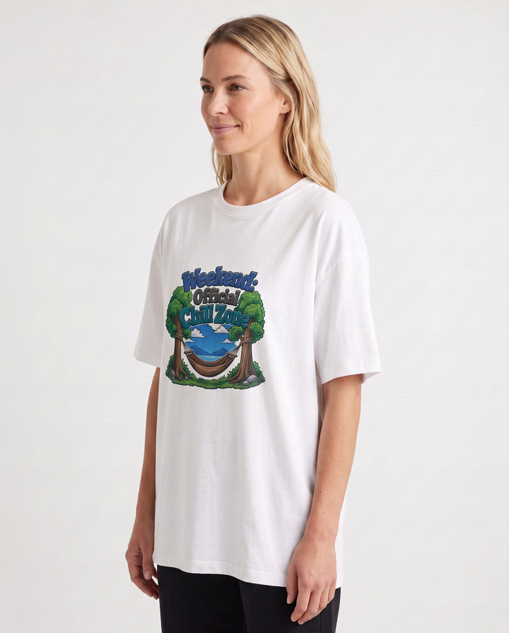 Weekend: Official Chill Zone White T-Shirt mockup 2