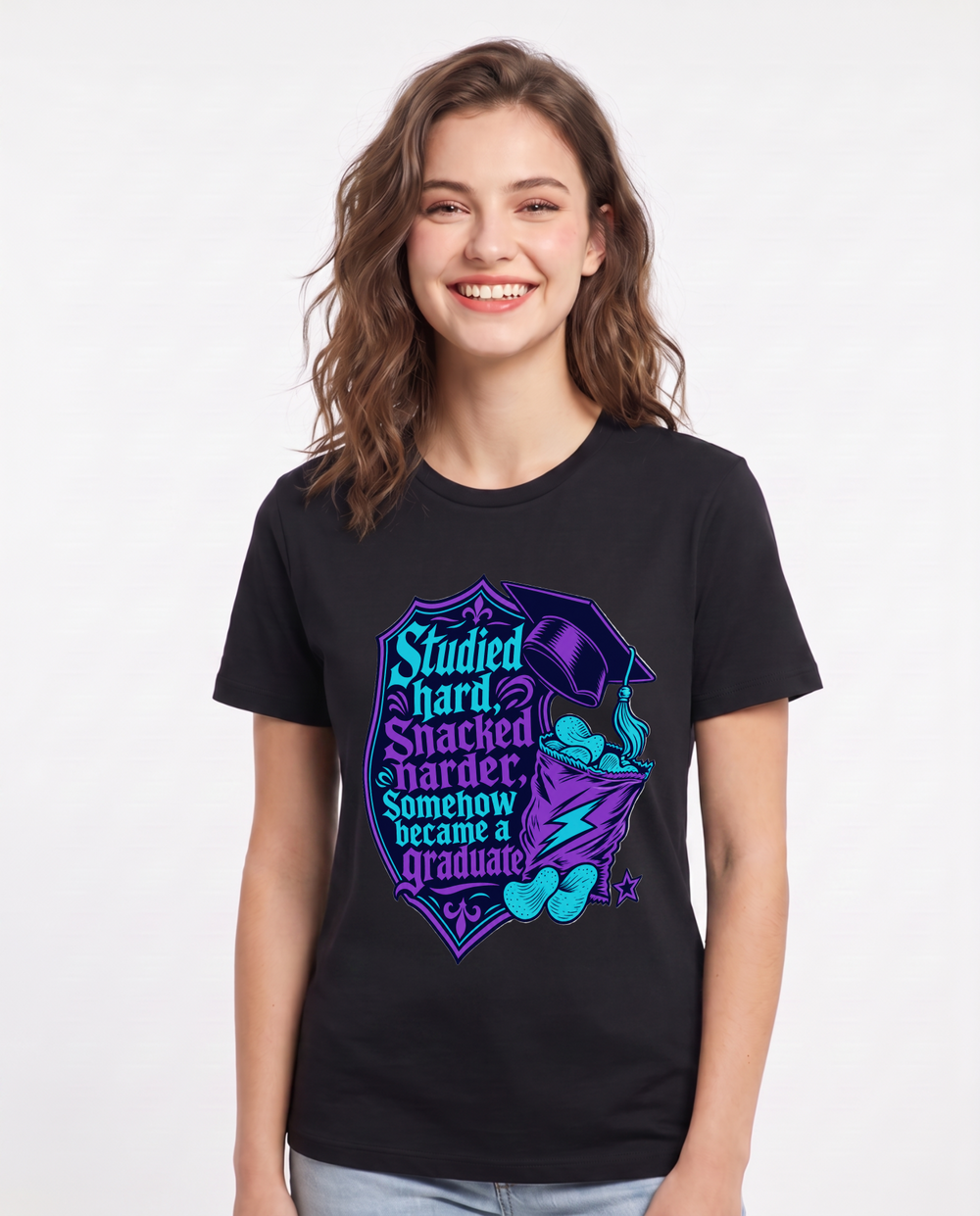 Studied hard, snacked harder, somehow became a graduate - Women's Black T-Shirt product image 2