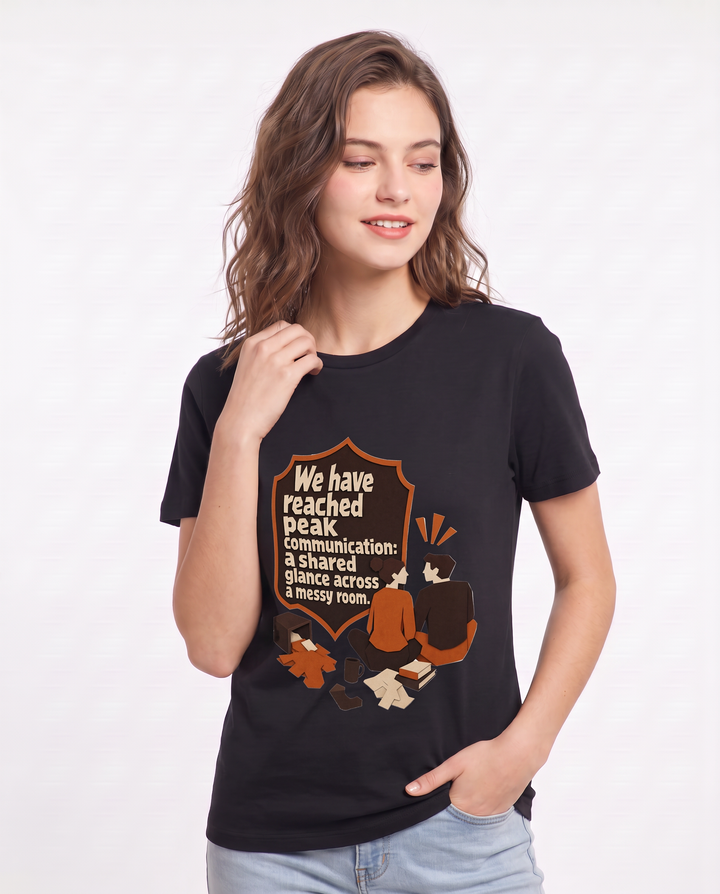 Couples Women's Black T-Shirt - We have reached peak communication: a product image 3