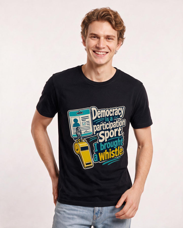 Political Statement Men's Black T-Shirt – Democracy is a participation sport. I brought a whistle. product image 3