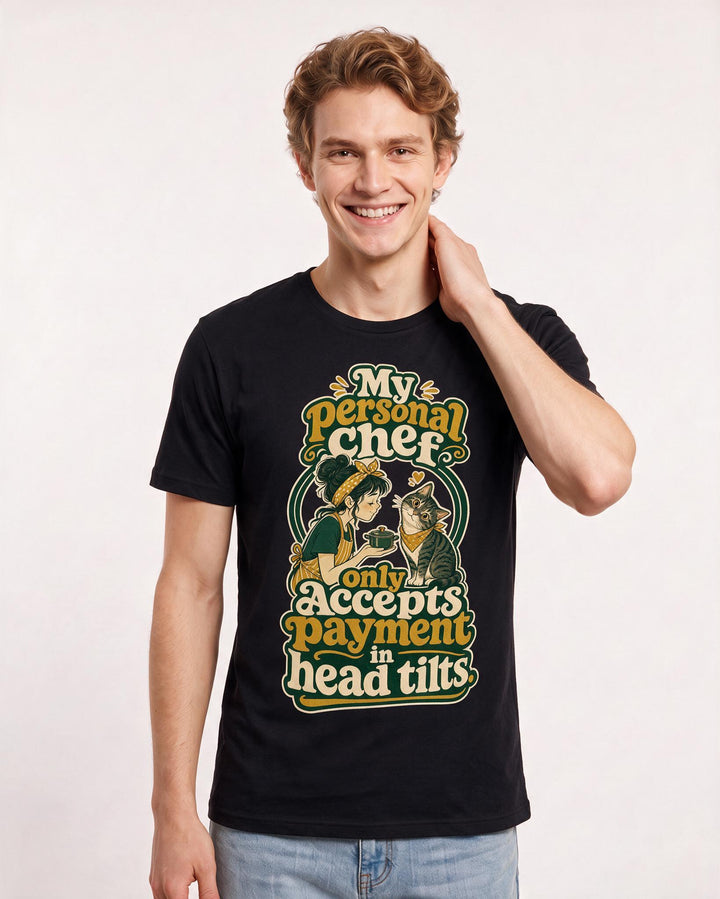 Funny Cat Lover Men's Black T-Shirt – My personal chef only accepts payment in head tilts. product image 3