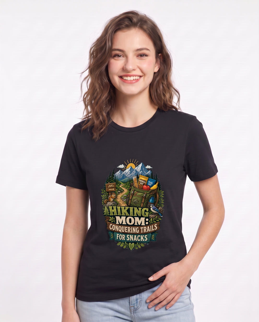 Hiking Mom: Conquering Trails for Snacks Women's Black T-Shirt product image 1