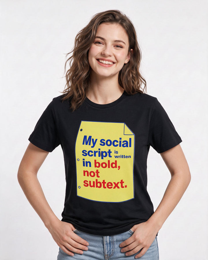 Neurodiversity Women's Black T-Shirt – My social script is written in bold, not subtext. product image 3