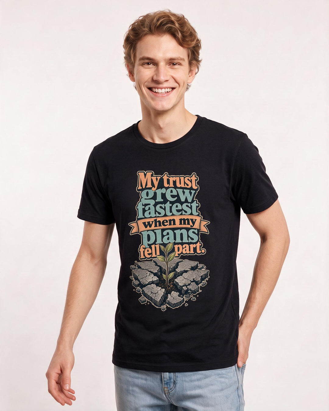 Christian Faith Men's Black T-Shirt – My trust grew fastest when my plans fell apart. product image 3