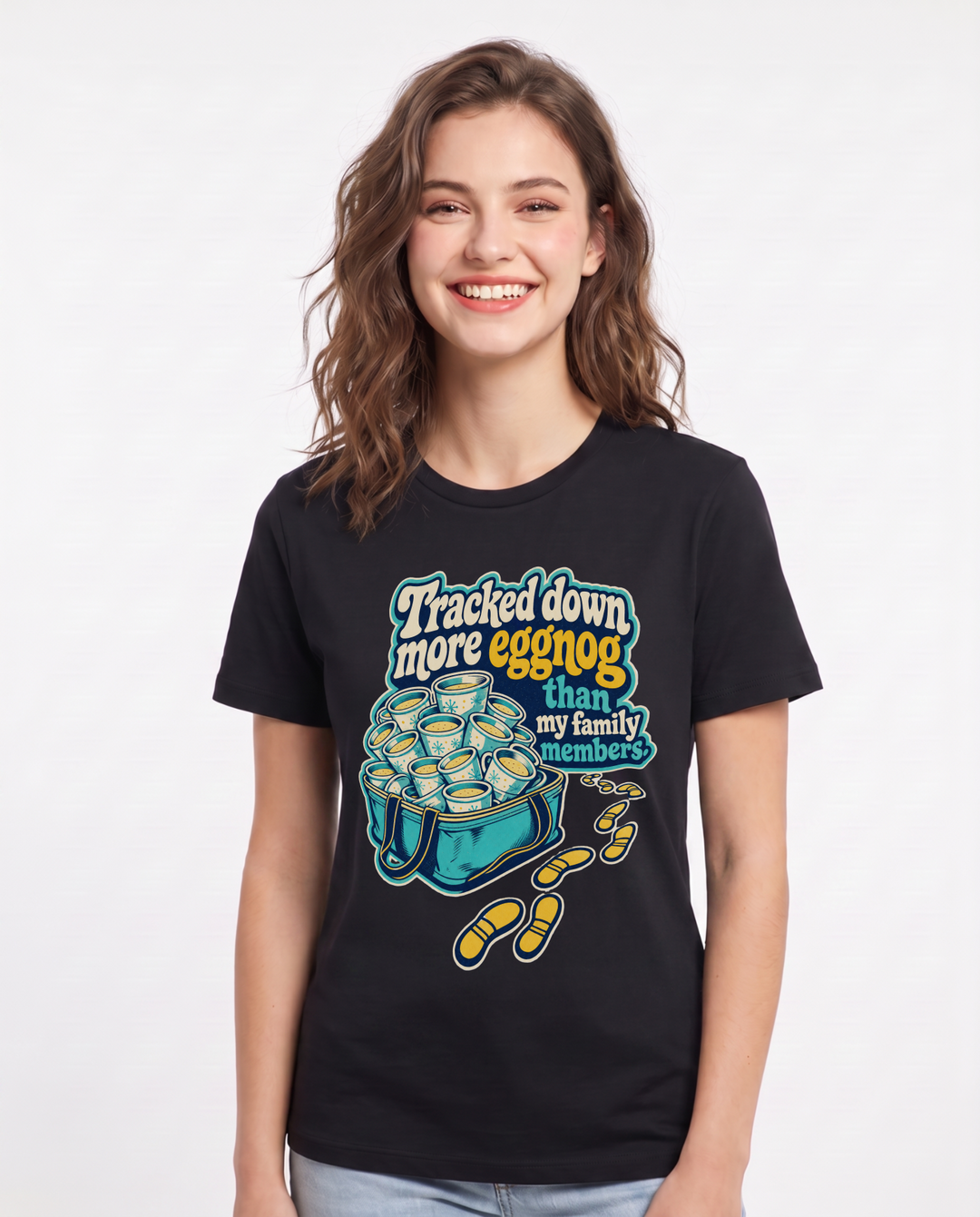 Funny Christmas Women's Black T-Shirt – Tracked down more eggnog than my family members. product image 1
