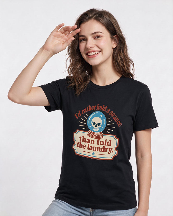 Halloween Women's Black T-Shirt - I'd rather hold a seance than fold product image 3