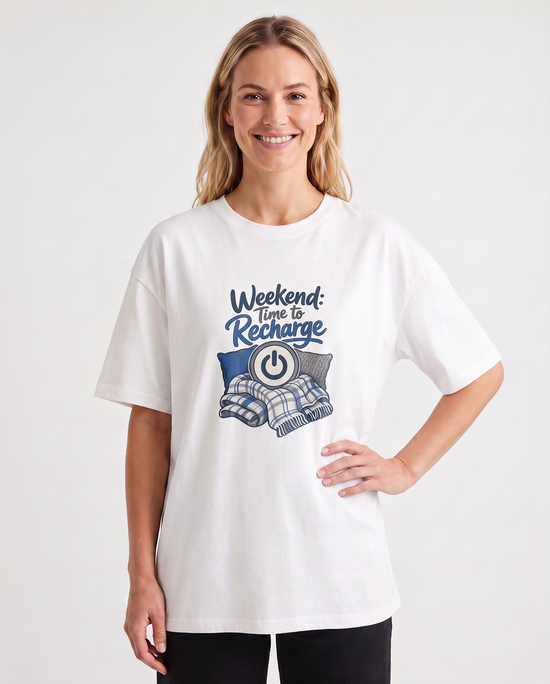 Weekend: Time To Recharge White T-Shirt mockup 3