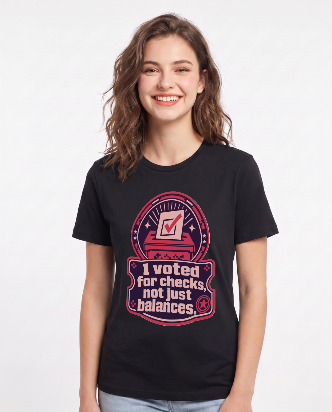 Graphic Women's Black T-Shirt - I voted for checks, not just balances. product image 1