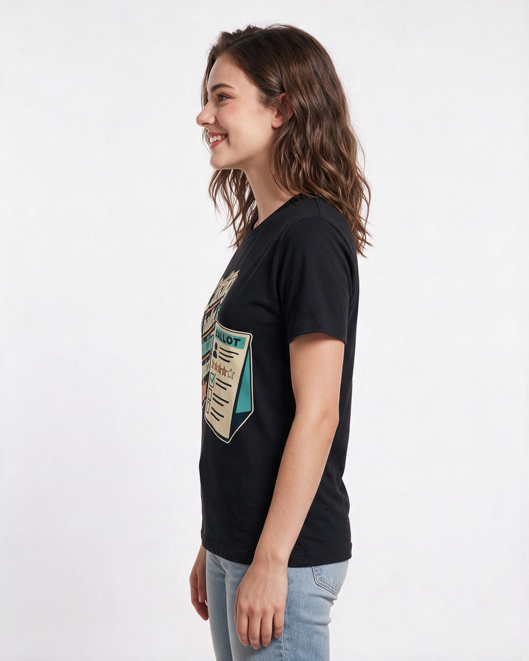 Political Statement Women's Black T-Shirt – "Casting a ballot is submitting a product review." product image 2