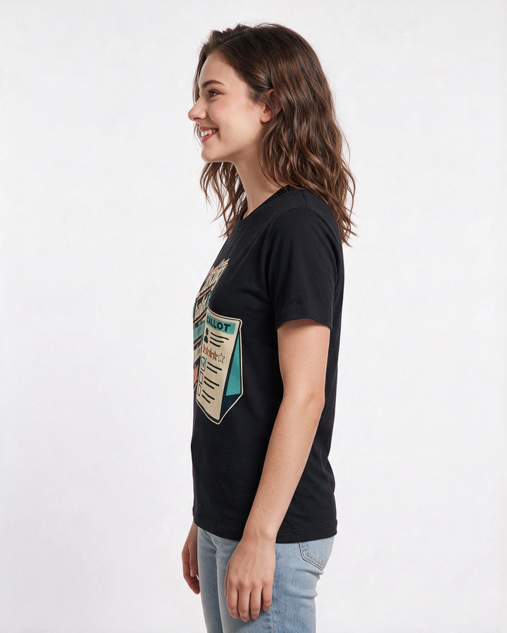 Political Statement Women's Black T-Shirt – "Casting a ballot is submitting a product review." product image 2