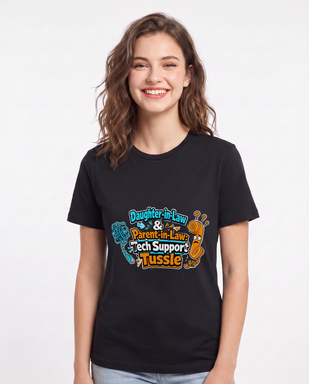 Daughter-in-Law & Parent-in-Law: Tech Support Tussle Women's Black T-Shirt product image 2