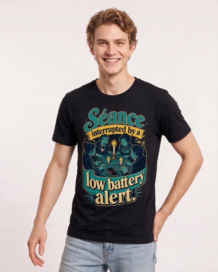 Halloween Men's Black T-Shirt – “Séance interrupted by a low battery alert.” product image 3