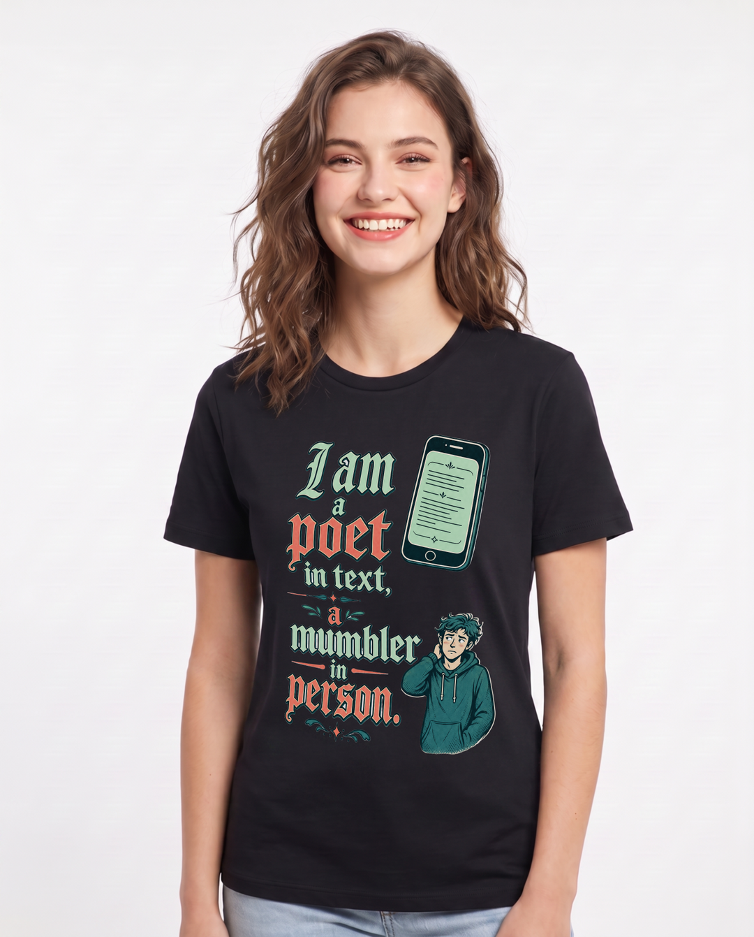 Neurodiversity Women's Black T-Shirt – I am a poet in text, a mumbler in person. product image 1