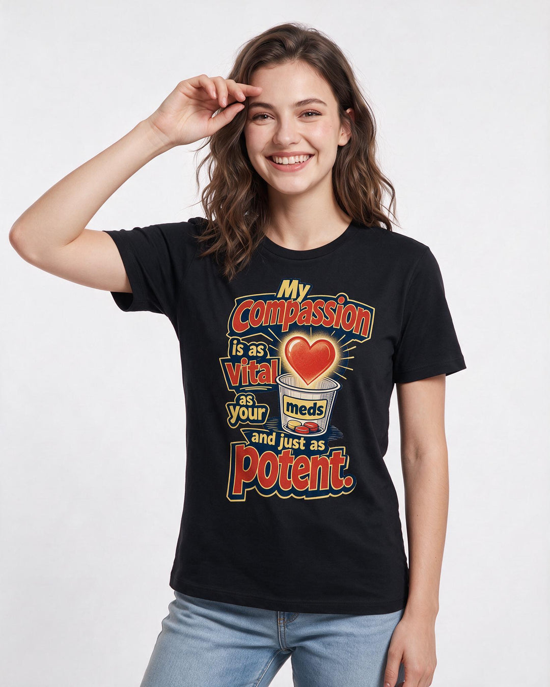 Nurse Women's Black T-Shirt – My compassion is as vital as your meds and just as potent. product image 3