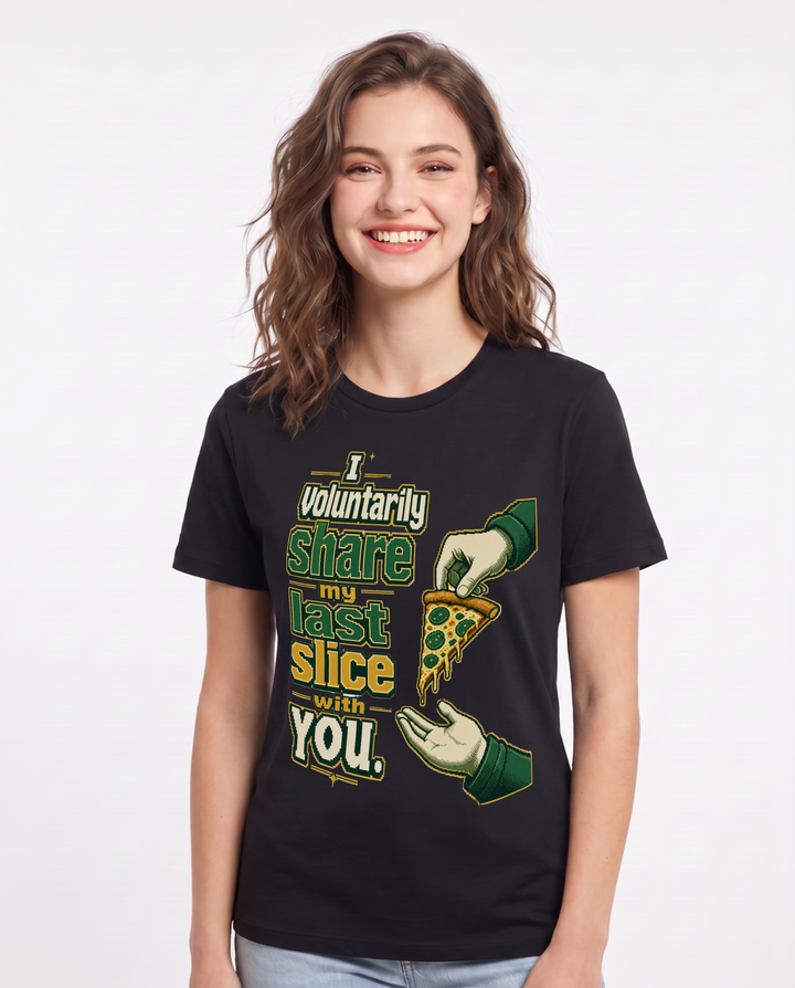 Funny Couples Women's Black T-Shirt – I voluntarily share my last slice with you. product image 1