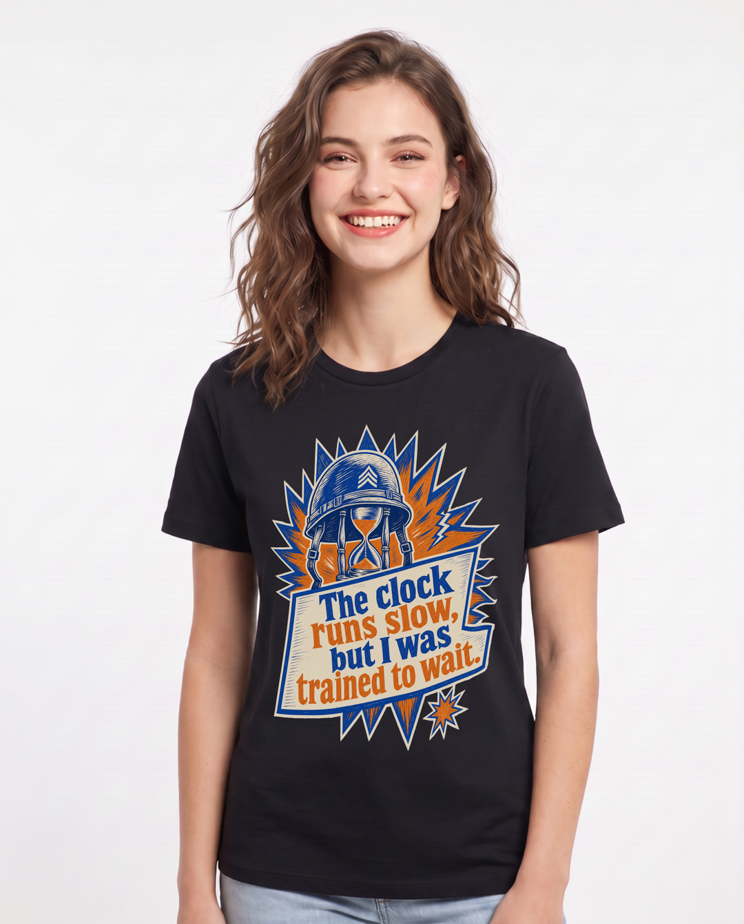 Graphic Women's Black T-Shirt - The clock runs slow, but I was trained product image 1