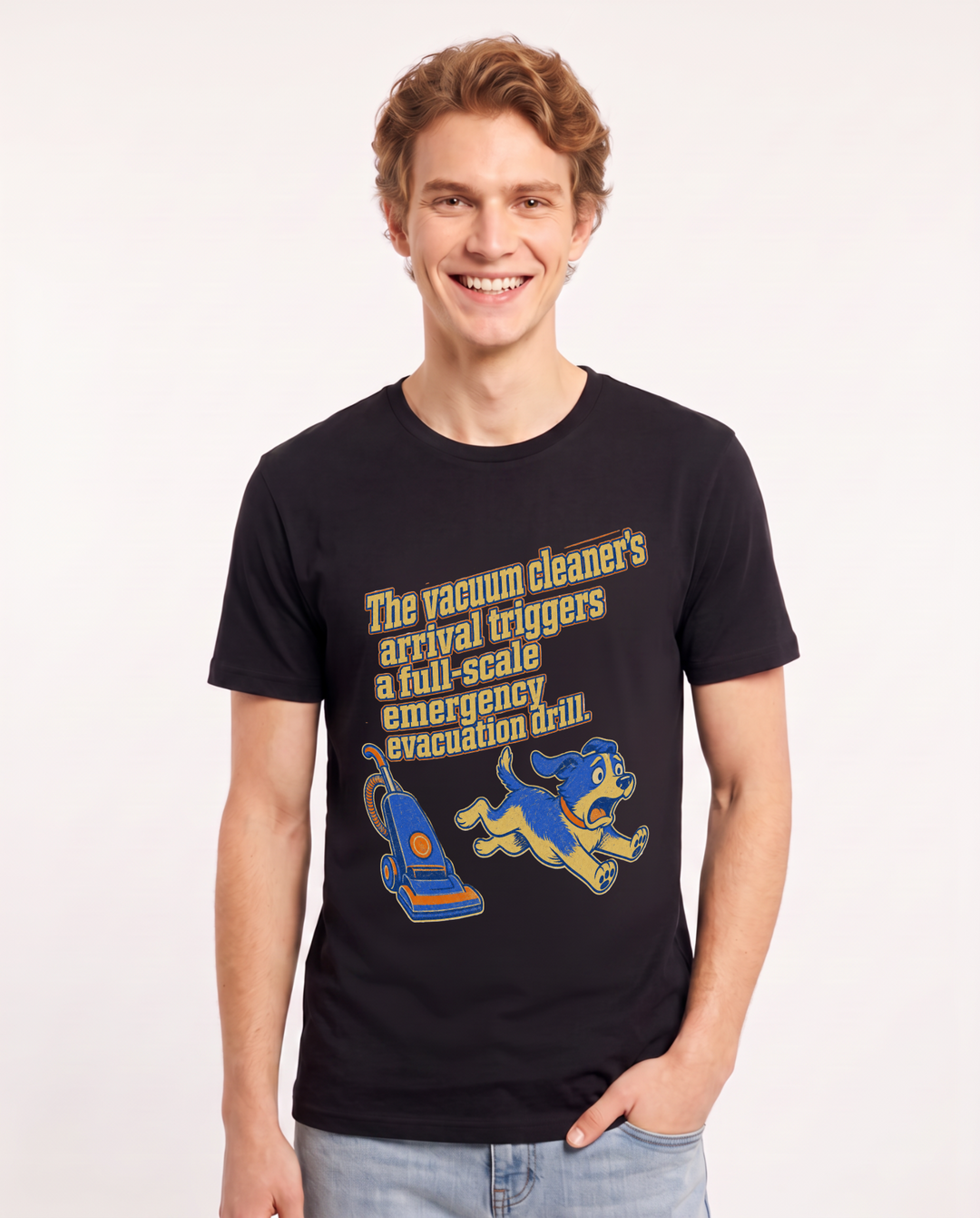 The vacuum cleaner's arrival triggers a full-scale emergency evacuation drill. Men's Black T-Shirt product image 2