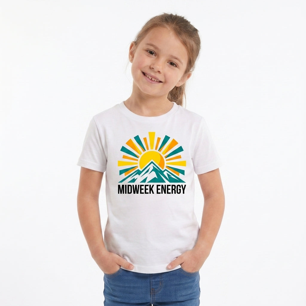 Bold Rising Sun Over Stylized Mountain White T-Shirt mockup 3