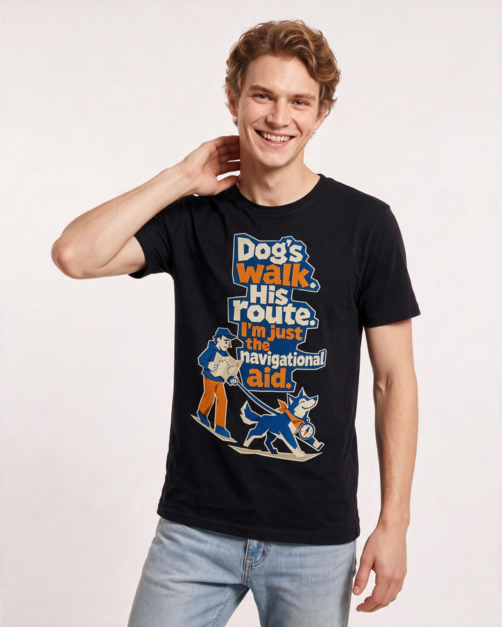 Cat Lover Men's Black T-Shirt – Dog's walk. His route. I'm just the navigational aid. product image 3