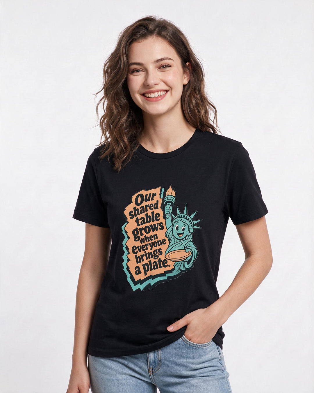 Graphic Women's Black T-Shirt - Our shared table grows when everyone product image 3