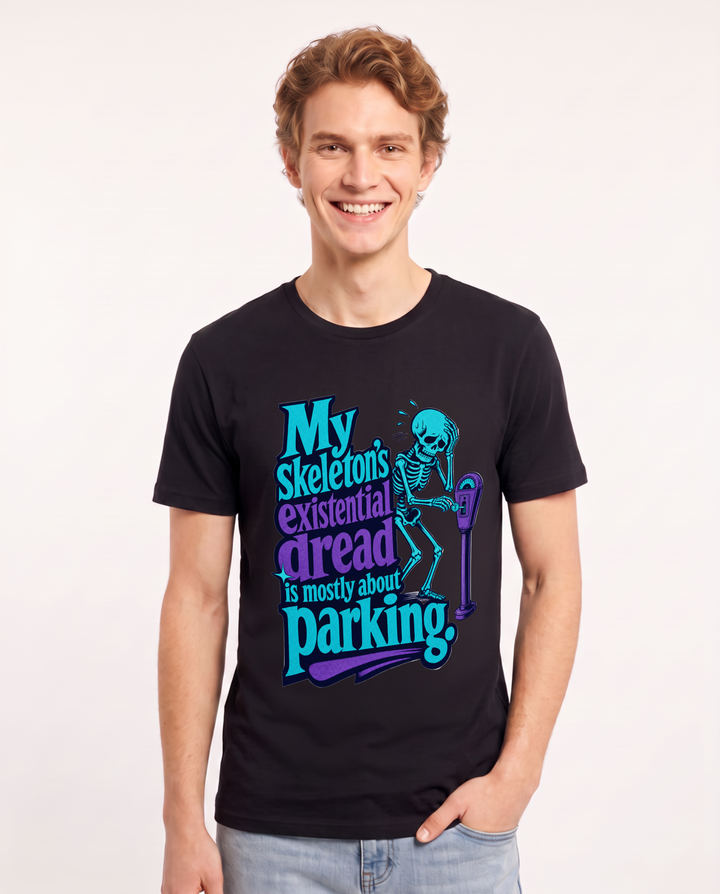 Funny Halloween Men's Black T-Shirt – My skeleton's existential dread is mostly about parking product image 1