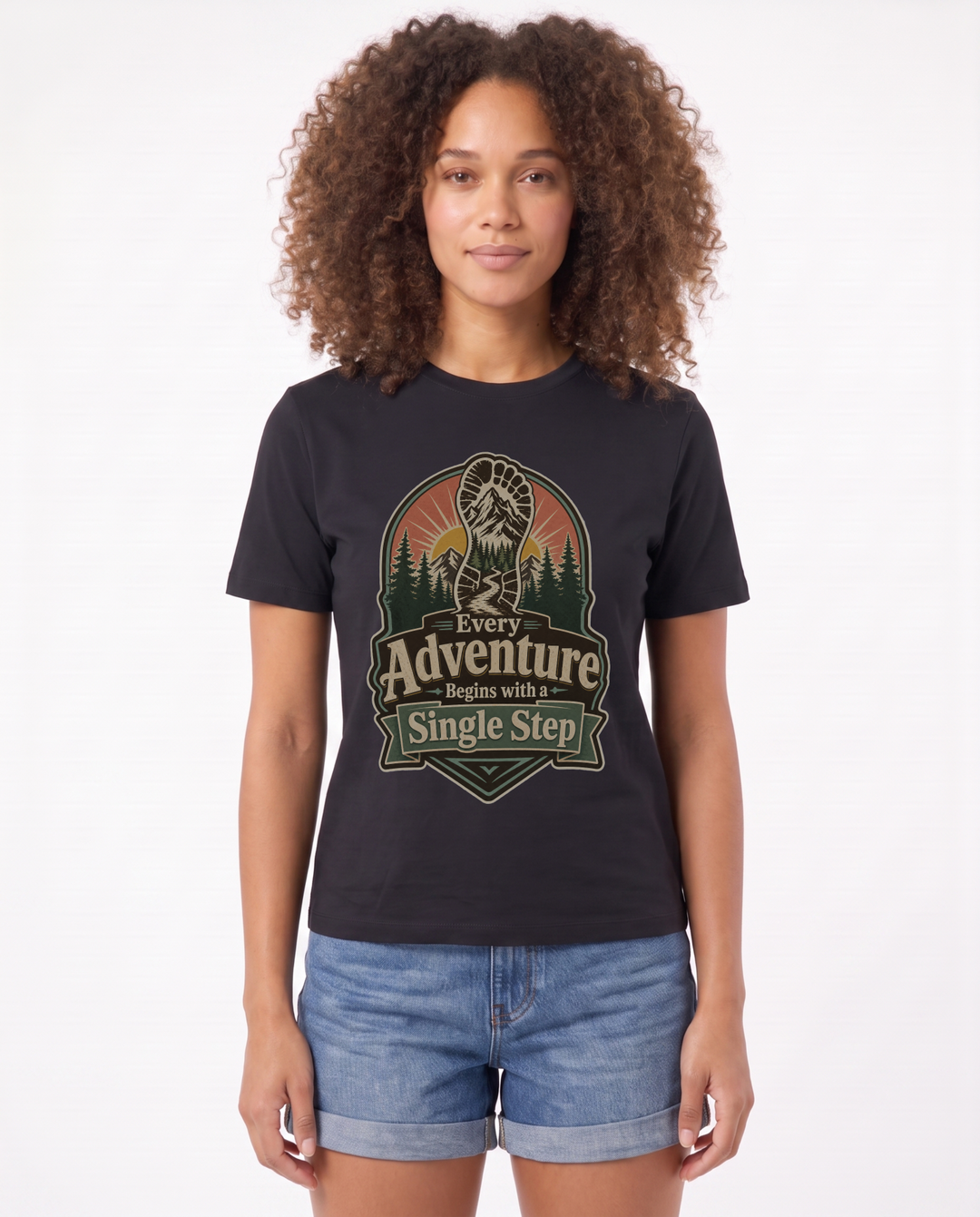 Every Adventure Begins With A Single Step Black T-Shirt mockup 1