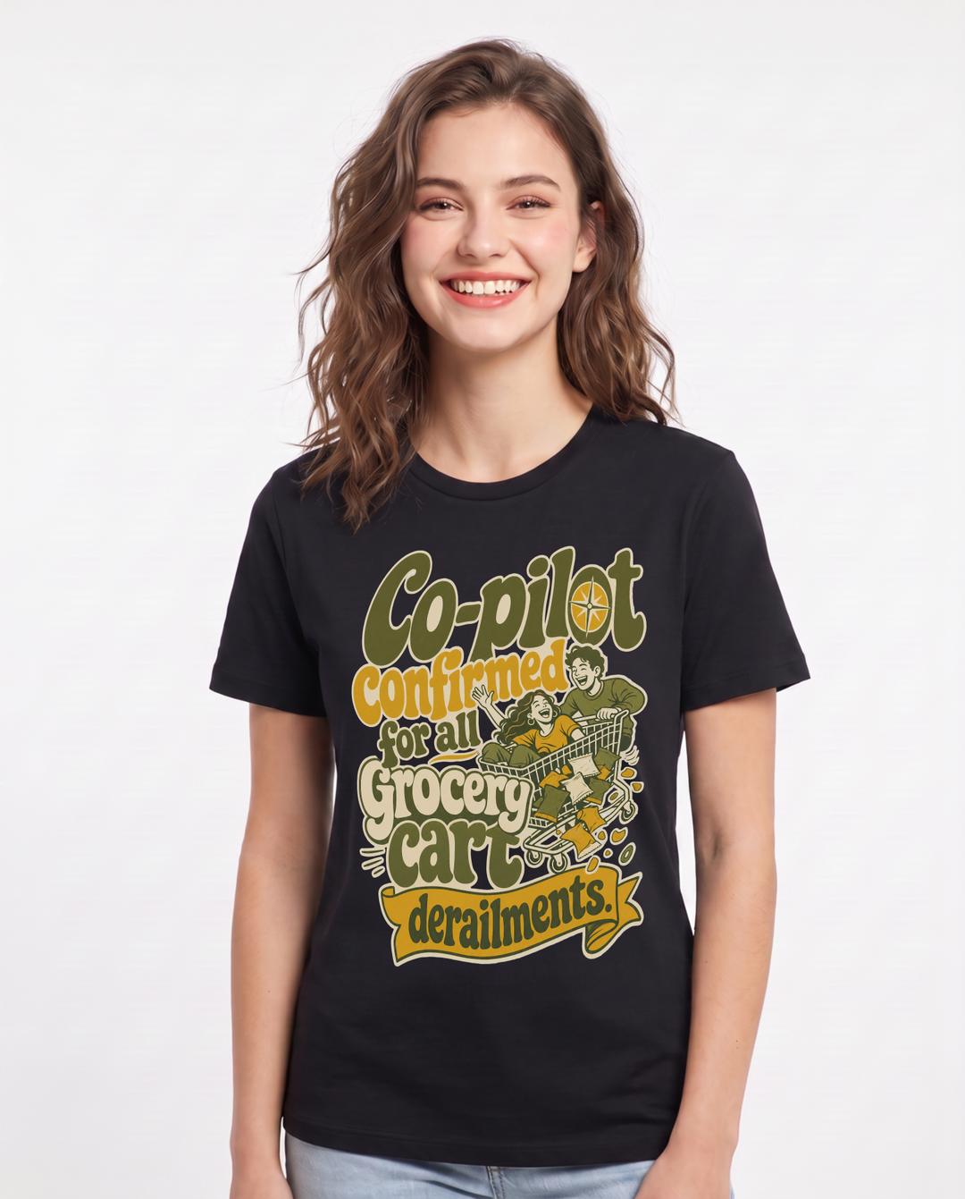 Couples Women's Black T-Shirt – Co-pilot confirmed for all grocery cart derailments. product image 1