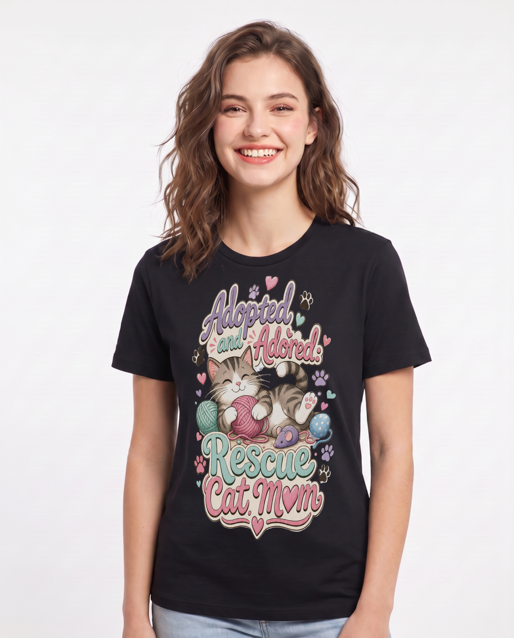 Adopted and Adored: Rescue Cat Mom Women's Black T-Shirt product image 2