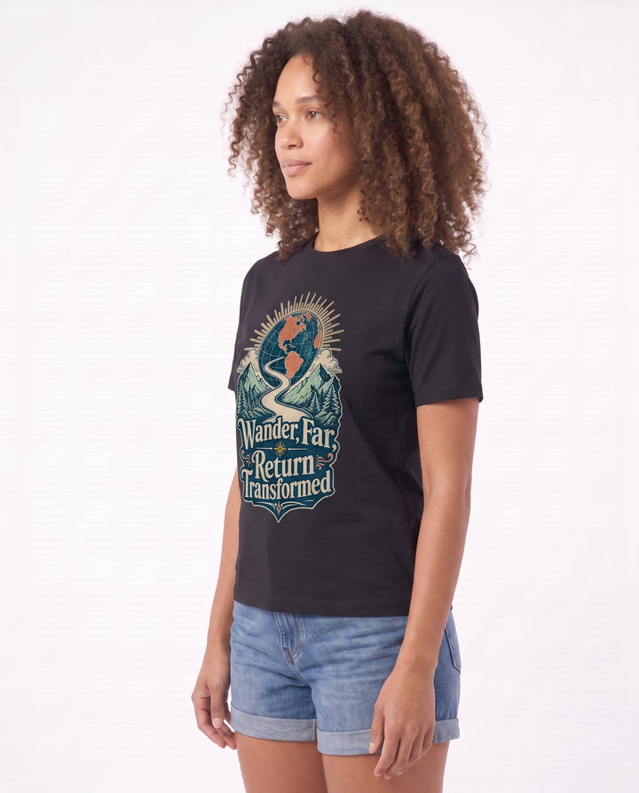 Wander Far, Return Transformed Black T-Shirt mockup 2
