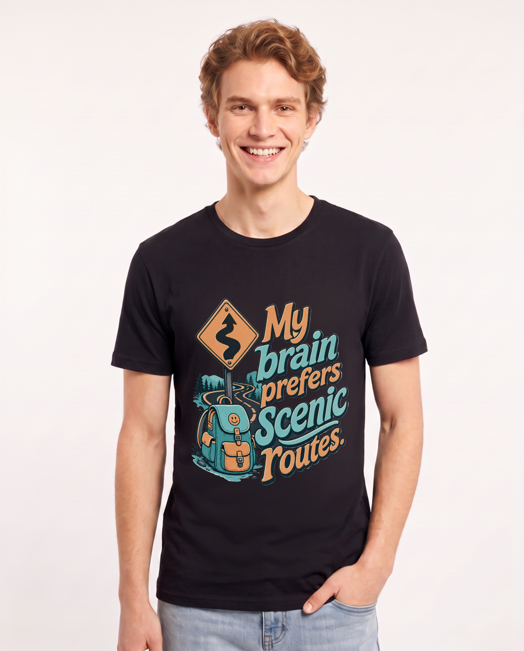 Neurodiversity Men's Black T-Shirt – My brain prefers scenic routes. product image 1