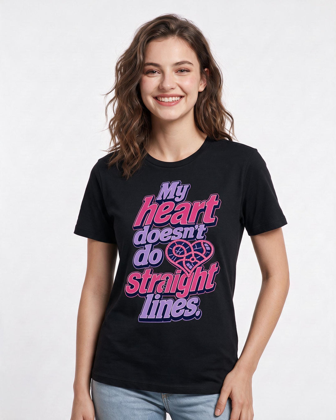 Pride Women's Black T-Shirt – My heart doesn't do straight lines. product image 3