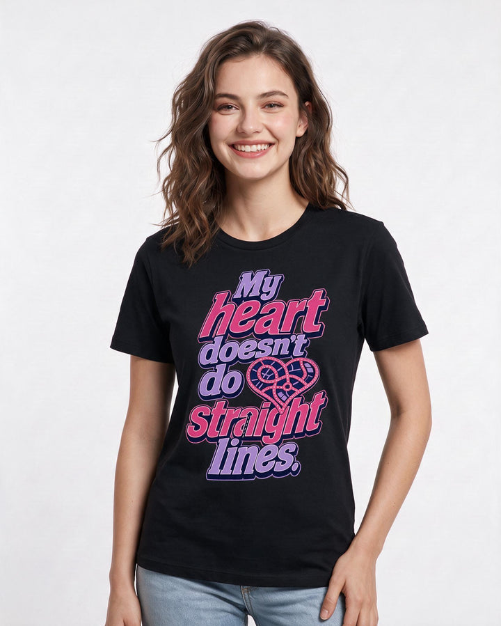 Pride Women's Black T-Shirt – My heart doesn't do straight lines. product image 3