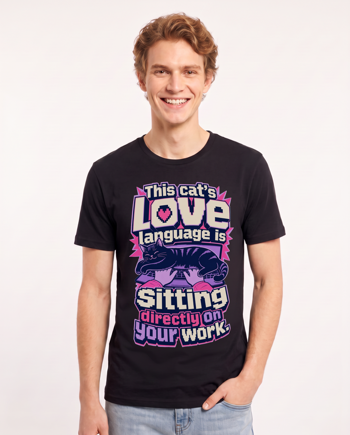 Funny Cat Lover Men's Black T-Shirt – This cat's love language is sitting directly on your work product image 1