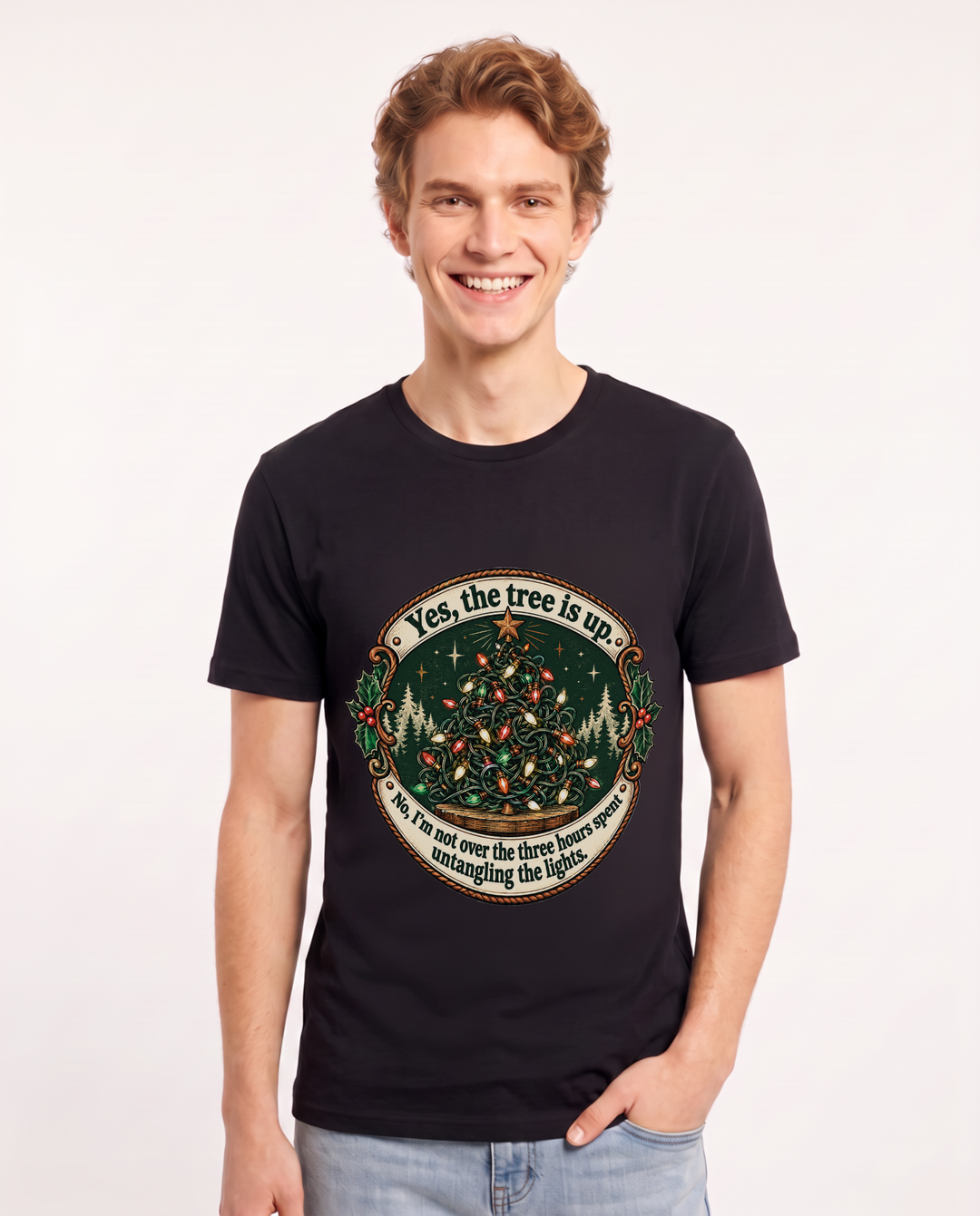 Yes, the tree is up. No, I'm not over the three hours spent untangling the lights. Men's Black T-Shirt product image 2