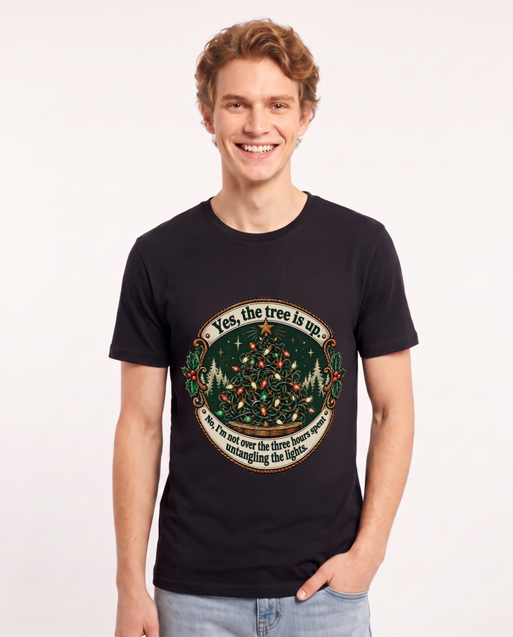 Yes, the tree is up. No, I'm not over the three hours spent untangling the lights. Men's Black T-Shirt product image 2