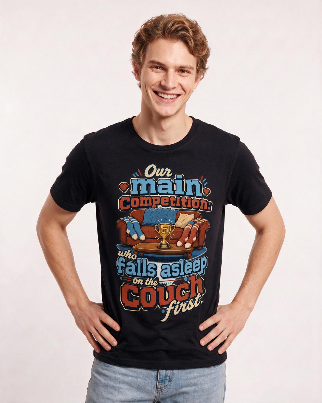 Funny Couples Men's Black T-Shirt – Our main competition: who falls asleep product image 3