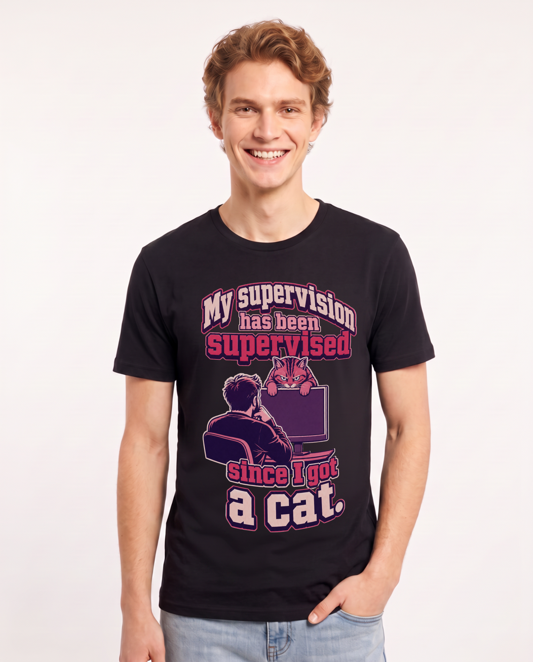 Cat Lover Men's Black T-Shirt – "My supervision has been supervised since I got a cat." product image 1