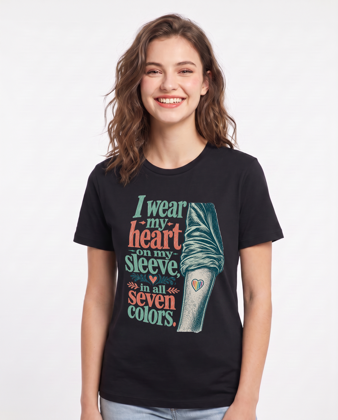Pride Women's Black T-Shirt – I wear my heart on my sleeve, in all seven colors. product image 1