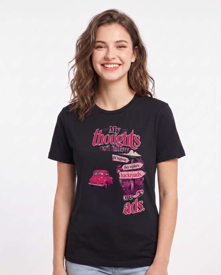 Neurodiversity Women's Black T-Shirt – My thoughts don't follow a straight highway; they explore backroads product image 1