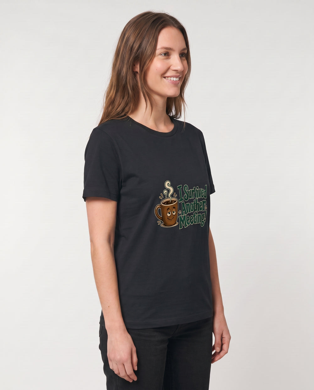 I Survived Another Meeting! Black T-Shirt mockup 2