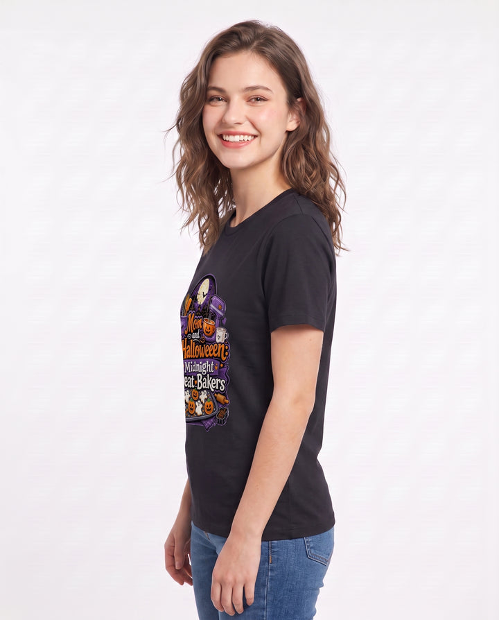 Mom and Halloween: Midnight Treat Bakers Women's Black T-Shirt product image 3